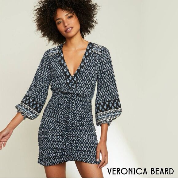 Veronica Beard **NWT** Zaria Black/Blue/White Floral V-Neck Ruched Mini Dress - Picture 1 of 14